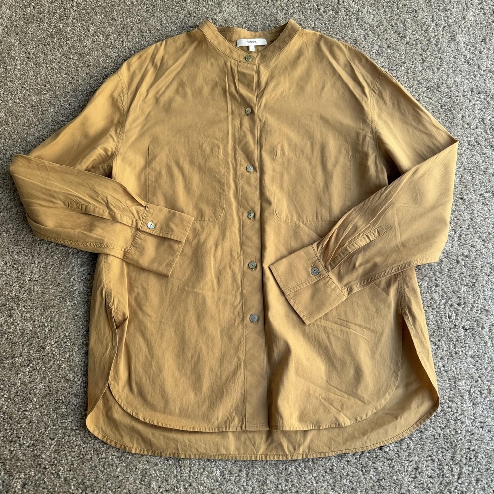 Vince Shirt Womens Petite S Brown Cotton Silk Button Up Long Sleeve Tunic Top